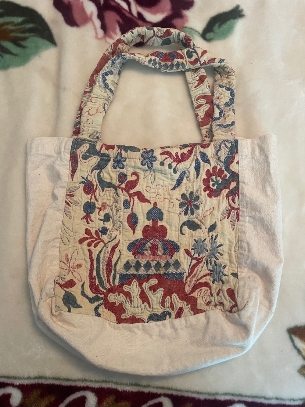 Cream Canvas Tote with Red & Blue Embroidered Panel